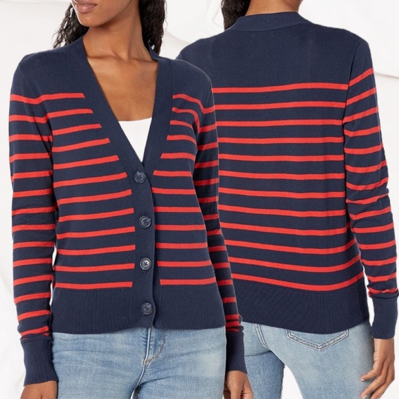 J. Crew Sweaters - J. Crew Factory Red and Navy Stripe V-neck Button-up Cardigan Sweater